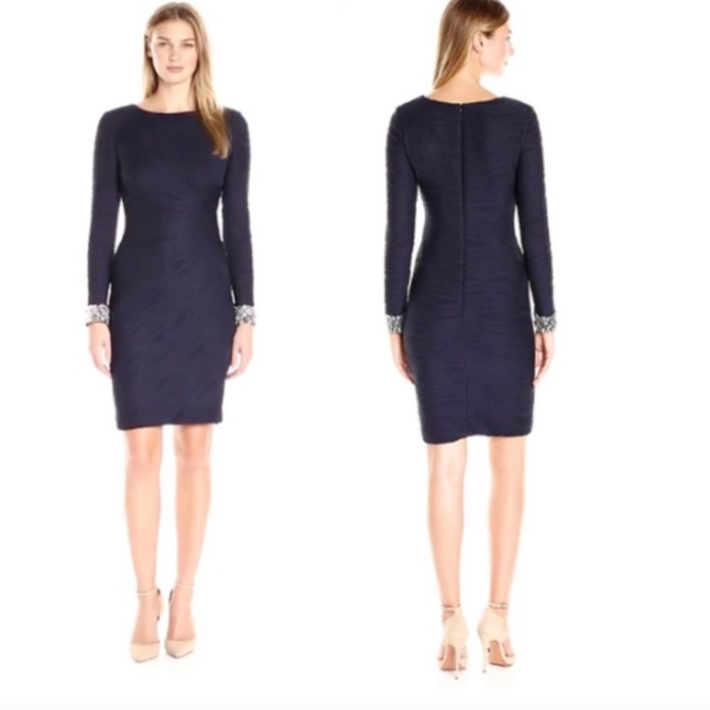 Eliza J Textured Navy Dress with Jeweled Sleeves